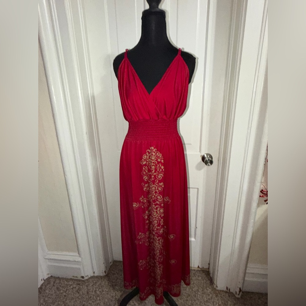 Women’s plus size 1X Dots Red Maxi Dress with‎ Gold Detailing
